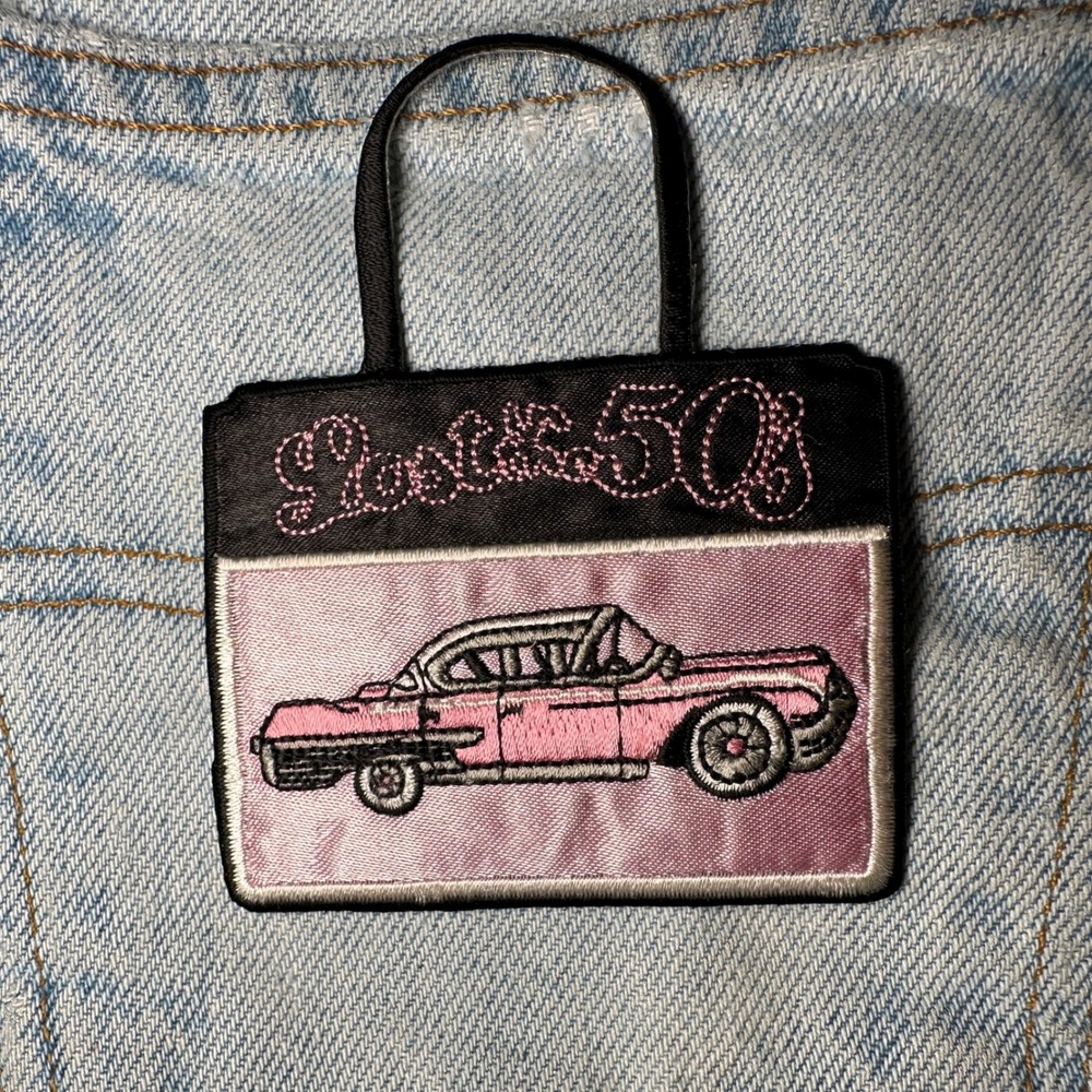 50s Pink Caddy Purse Iron On Patch Applique Embroidered Rockabilly Hot‎ Rod